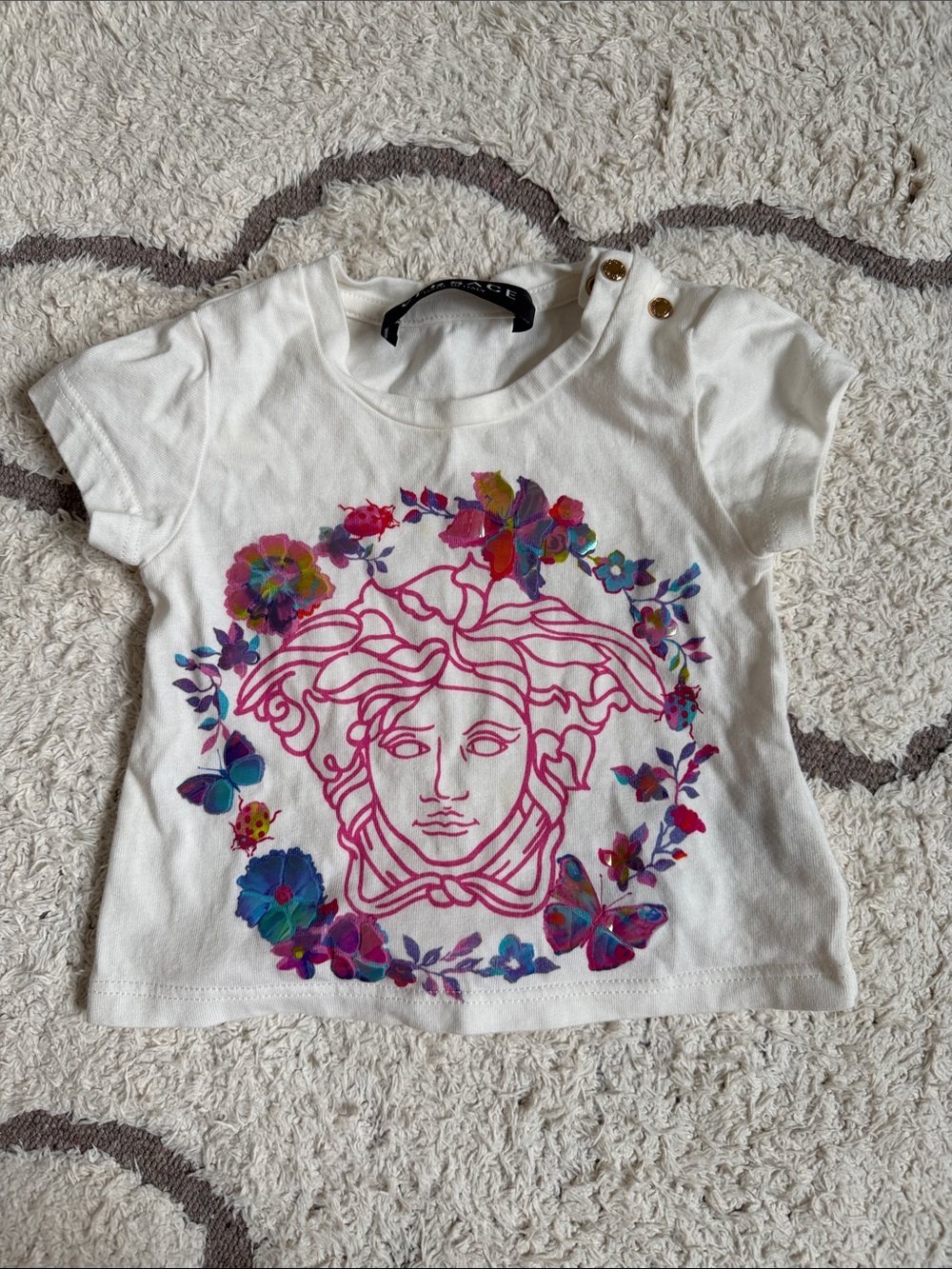 Versace 3-6 Months White Tee with Pink Medusa and Multicolor Floral Accents